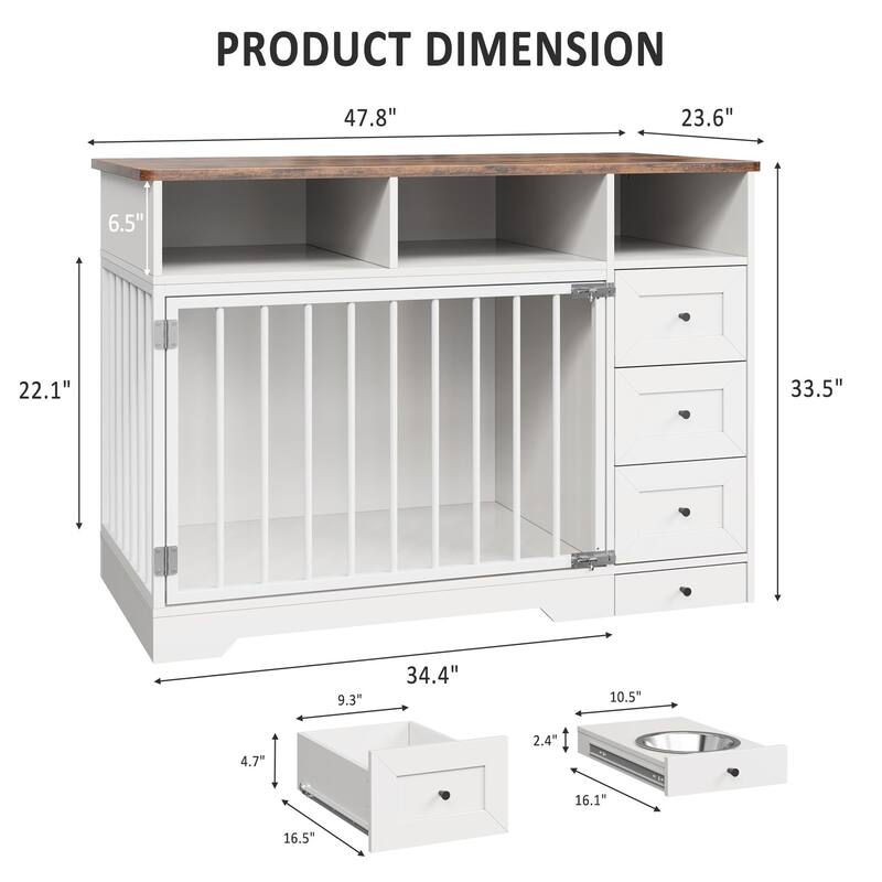 48" Farmhouse Dog Crate Furniture, with Bowl and Storage Drawers