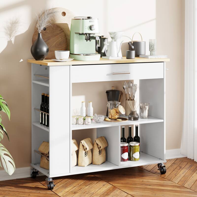 Futzca Kitchen Island on Wheels with Large Work Countertop - White