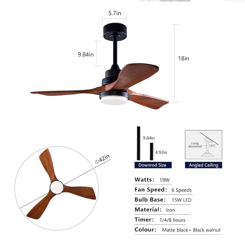 Sofucor 42"/48"/ 52"/60"Noiseless Walnut Wood Ceiling Fan with Remote Control, Integrated Light Optional