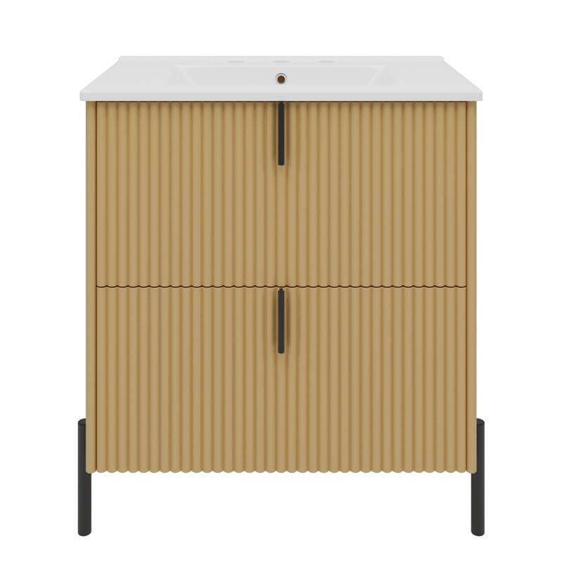 Bathroom Vanity with Ceramic Sink, Freestanding Bathroom Storage Cabinet, Fluted Bathroom Vanity with 2 Full-Extension Drawers