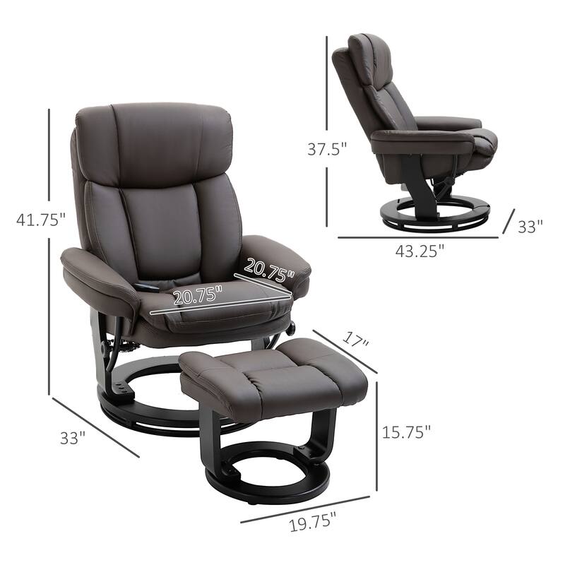 PU Leather Massage Chair with Ottoman, Recline, Swivel and Remote - 33" W x 33" D x 41.75" H