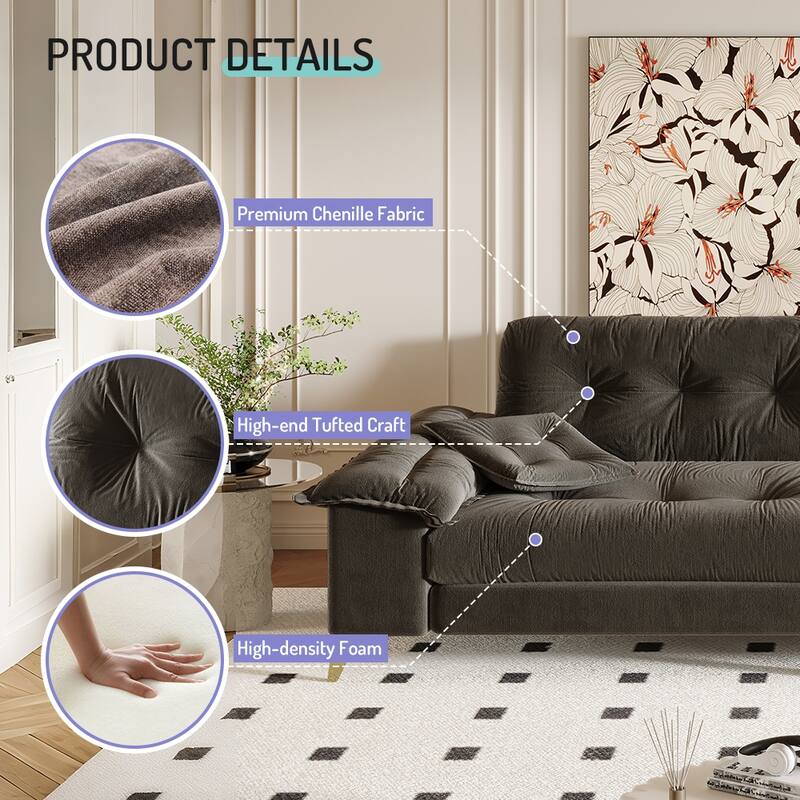 104.7" Modern Sectional Sofa with Tufted Design, Removable Armrests, Metal Legs & 2 Pillows, Chenille Upholstered Couch