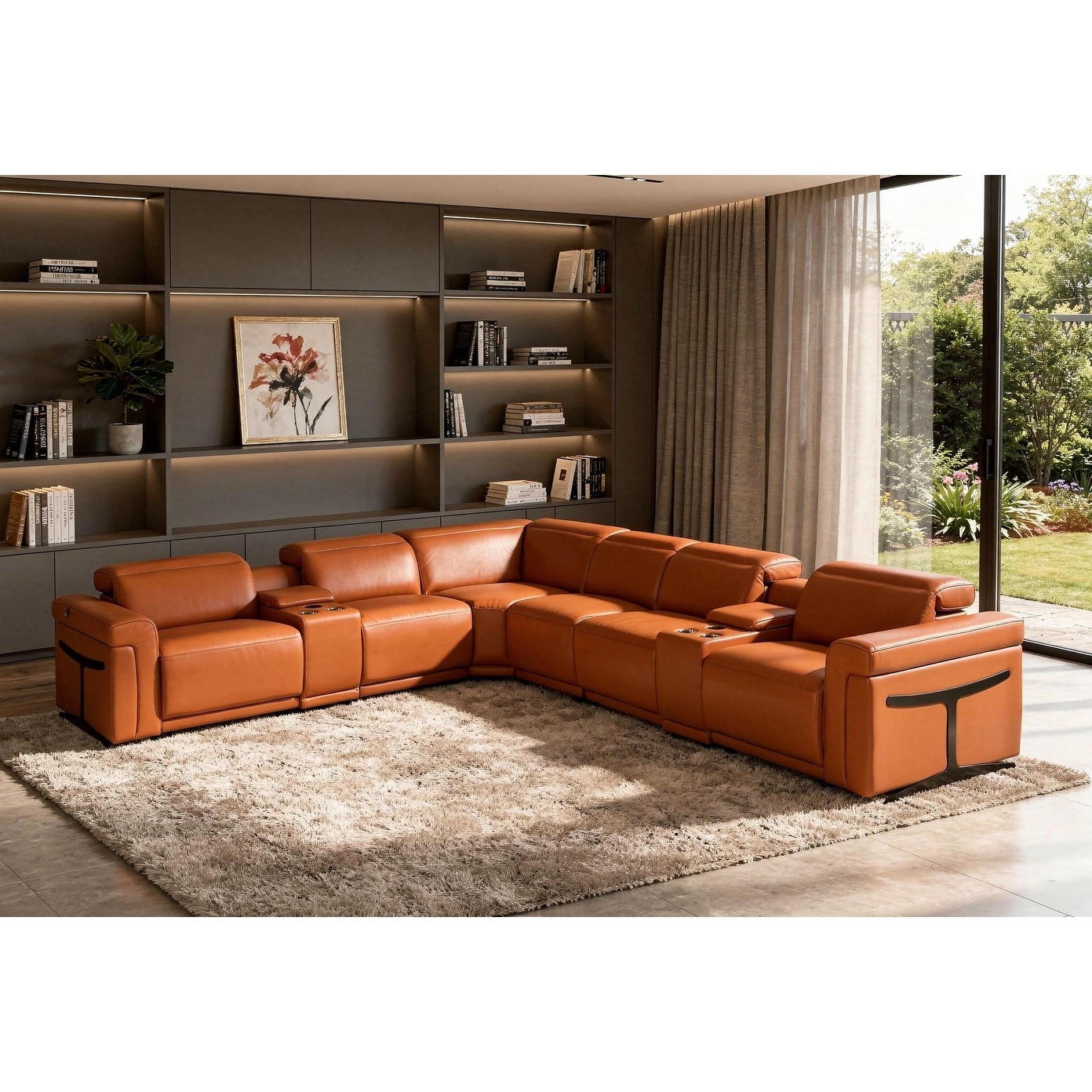 HomeRoots Camel Italian Leather Modular L Shaped Eight Piece Corner Sectional With Console