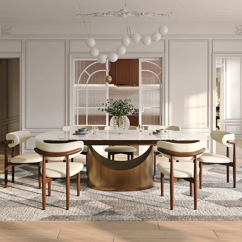 63-95"Extendable Modern Dining Table for 6-10, White Glossy Sintered Stone Tabletop, Bronze Carbon Steel Smile Legs