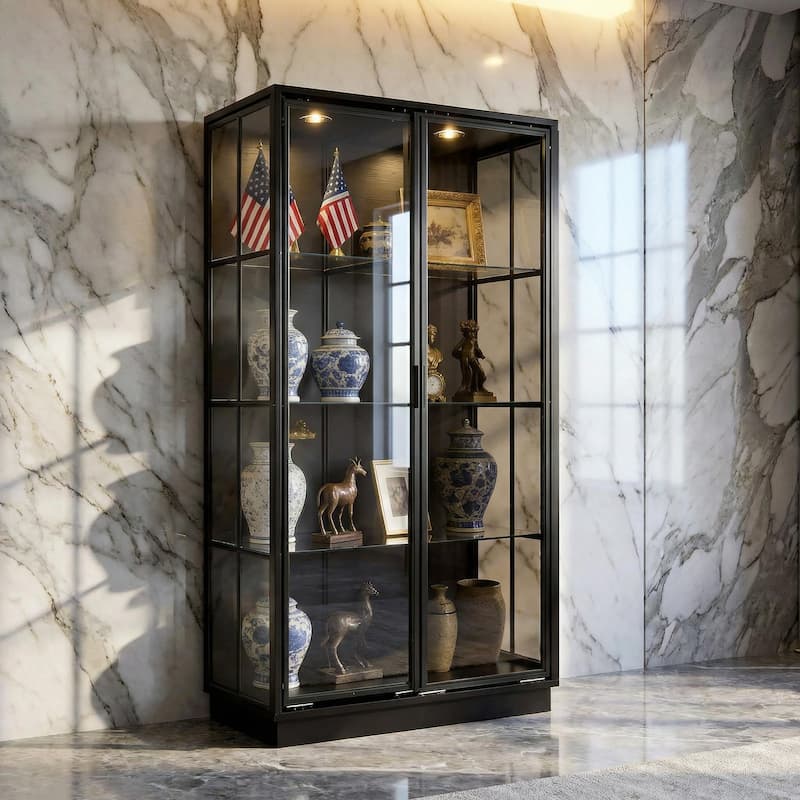 Modern Black Display Cabinet with Glass Doors, 75” Tall Curio Cabinet with Tempered Glass Shelves Bookshelves LED Light