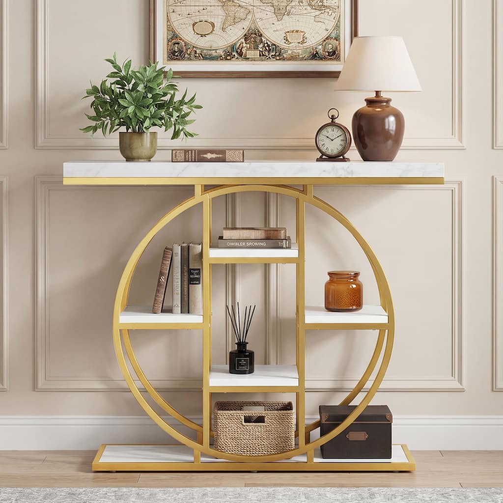 HOMCOM Entryway Table, 39.4" Console Sofa Table with Storage Shelves and Circle Steel Frame, Narrow Wood Accent Tables