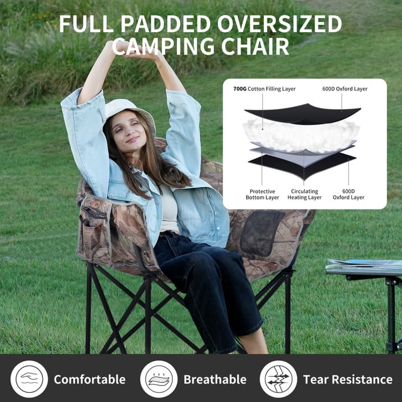 Heated Camping Chair with Headrest Pad, Supports 500lbs, Camping Patio