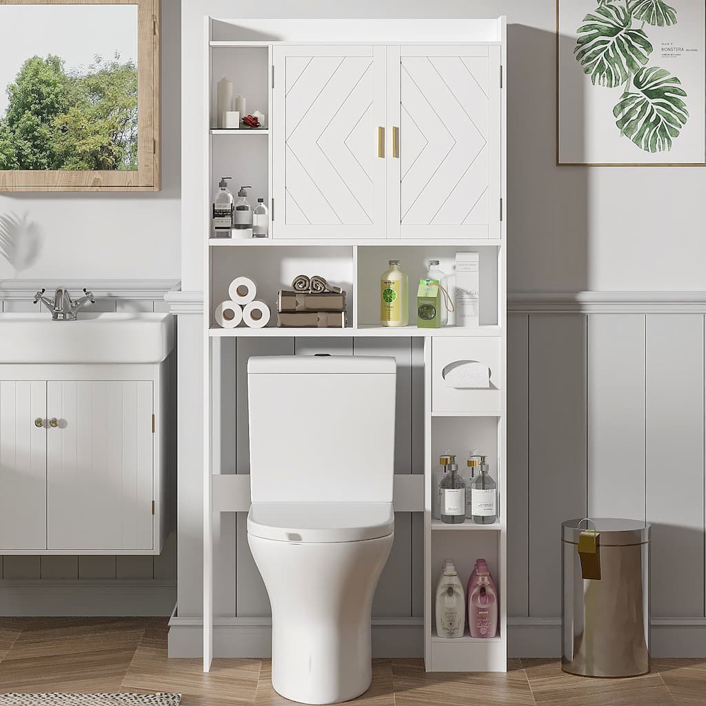 VECELO Over The Toilet Storage Cabinet, White Storage Cabinet Over Toilet with 2 Barn Doors & Toilet Paper Holder Stand