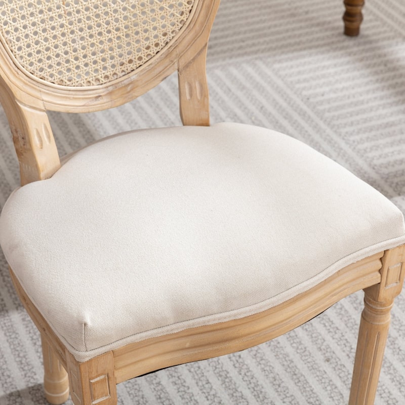 French Style Antique Painting Linen Fabric Rattan Back Dining Chair,Set of 2