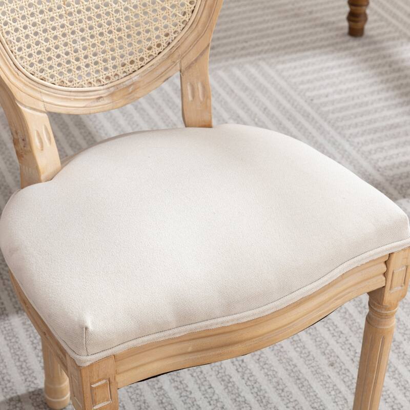 French Style Solid Wood Frame Antique Painting Linen Fabric Rattan Back Dining Chair,Set of 2