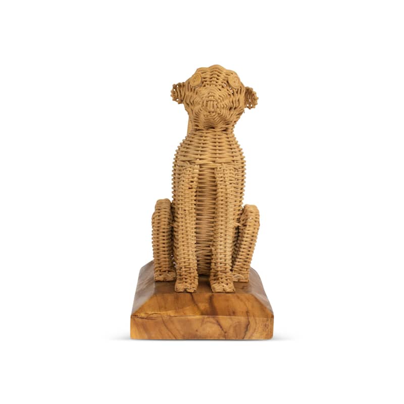 Rattan Monkey Sculpture - Hand Woven Animal Figurine on Wood Stand, Tropical Boho Decor - 10.5" wide x 10" tall x 5" deep