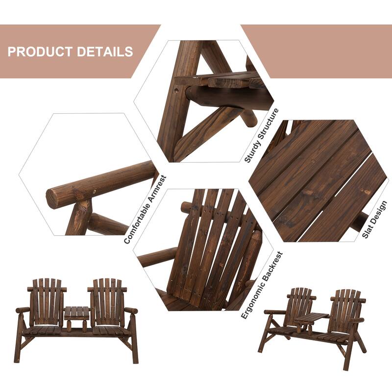 Outsunny 2-Seat Wooden Adirondack Chair, Patio Bench With Table, Outdoor Loveseat Fire Pit Chair For Porch, Backyard, Deck - Brown