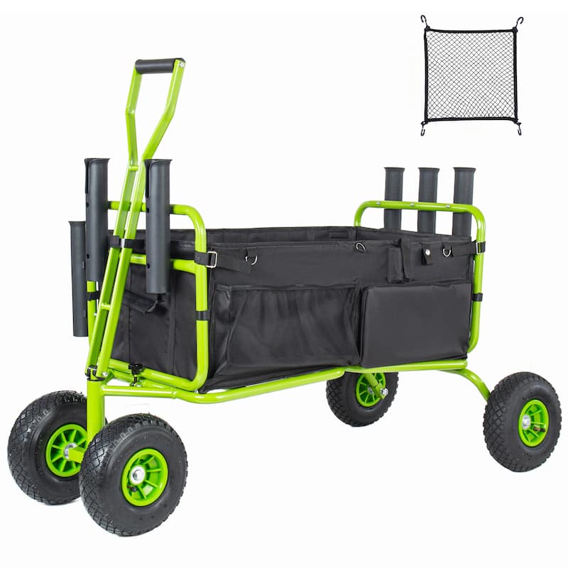 Beach Cart Collapsible Wagon 9.85"All-Terrain Wheels,Heavy Duty Garden Cart with Rod Holders,Umbrella Holder and Storage Pockets - Green