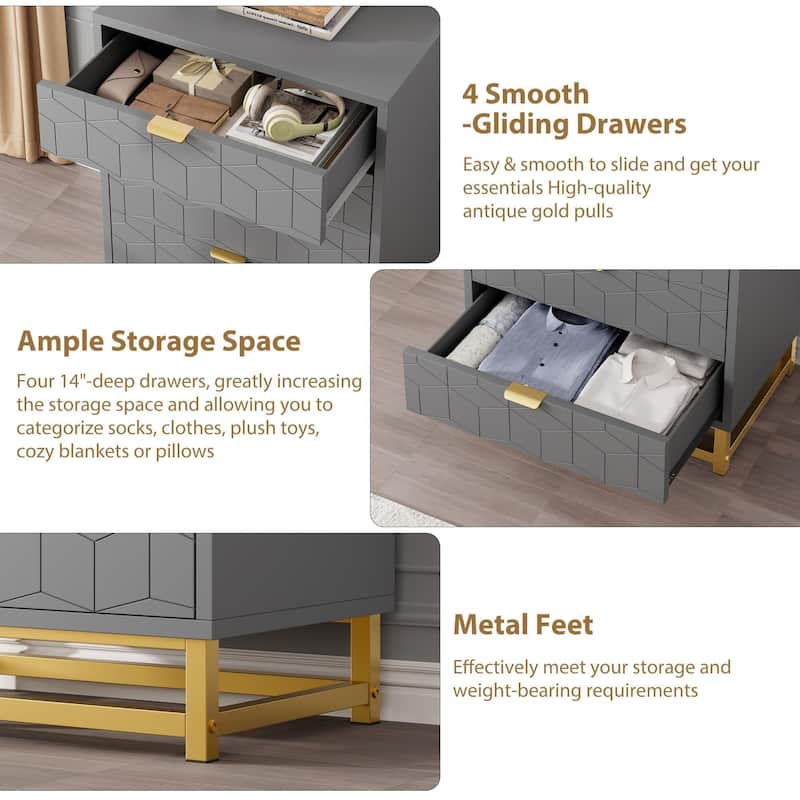 4 Drawer Dresser, with Metal Legs and Gold Handles