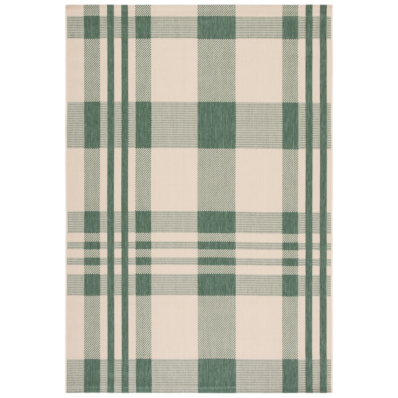 SAFAVIEH Courtyard Oriole Plaid Indoor/ Outdoor Waterproof Patio Backyard. - 5'3" Square - Green/Beige