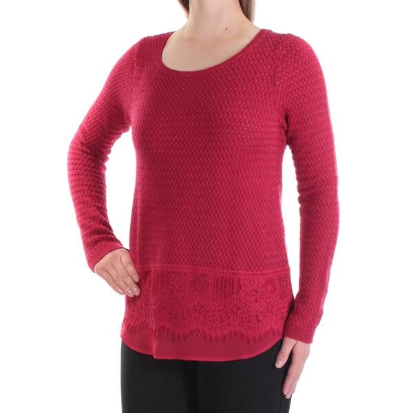 LUCKY BRAND Womens Red Lace Long Sleeve Jewel Neck Sweater Size: M