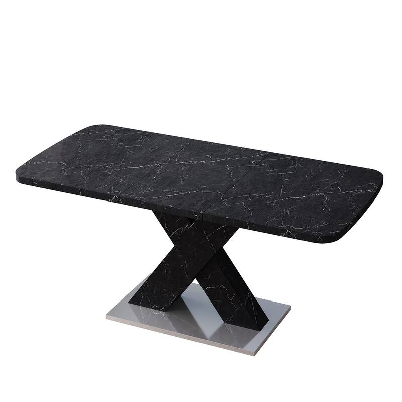 Modern Square Dining Table with Marble Table Top and X-Shape Table Leg - Black