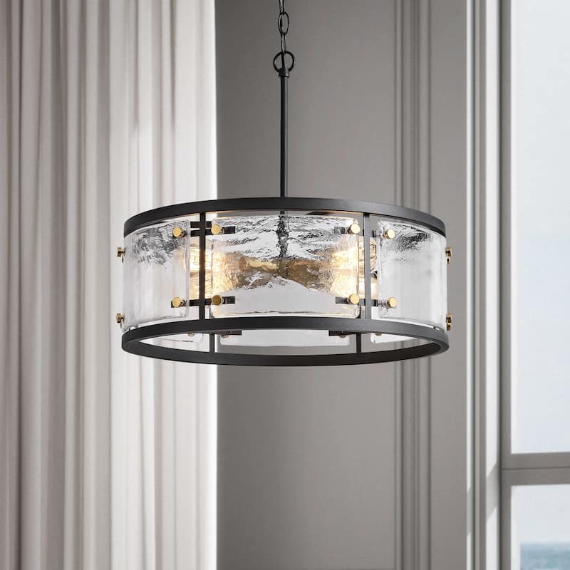 Laia Black 5-light Water Textured Glass Drum Pendant Chandelier - 19 inches in diameter x 16.3 inches H