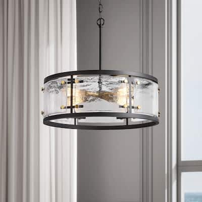 Laia Black 5-light Water Textured Glass Drum Pendant Chandelier - 19 inches in diameter x 16.3 inches H