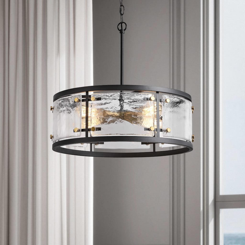 Laia Black 5-light Water Textured Glass Drum Pendant Chandelier - 19 inches in diameter x 16.3 inches H