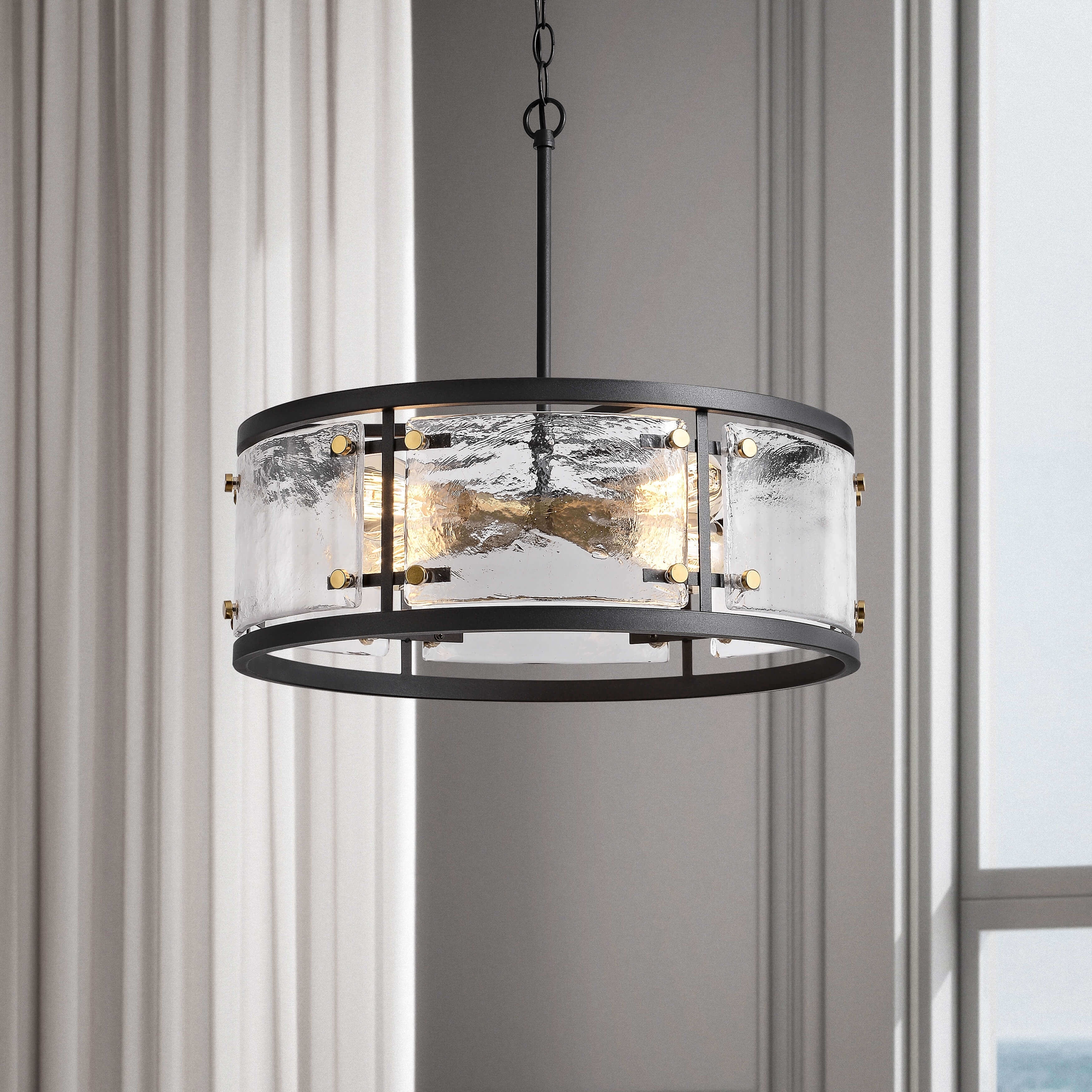 Laia Black 5-light Water Textured Glass Drum Pendant Chandelier - 19 inches in diameter x 16.3 inches H