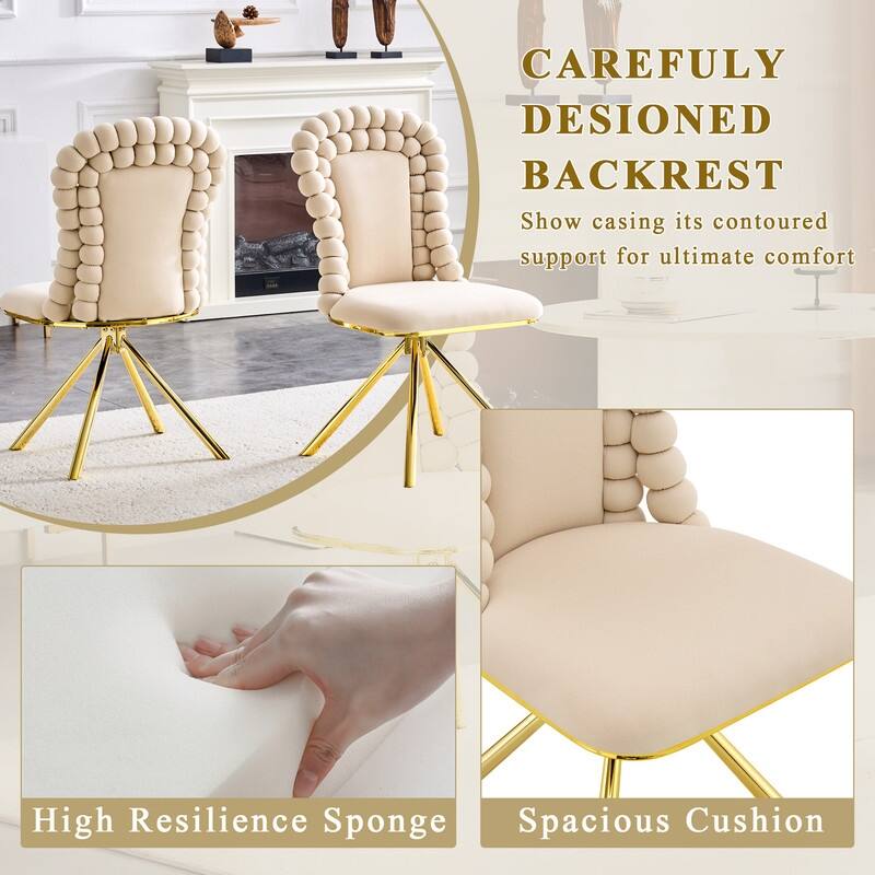 Set of 2 Modern Velvet Dining Chairs with Bubble Bead Back & Gold Legs