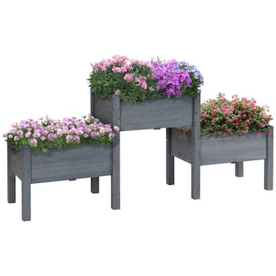 Three Tier Fir Wood Flower Stand Raised Planter for Herbs Flowers Vegetables Grey Indoor Outdoor Gardening