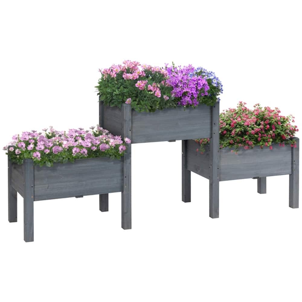 Three Tier Fir Wood Flower Stand Raised Planter for Herbs Flowers Vegetables Grey Indoor Outdoor Gardening
