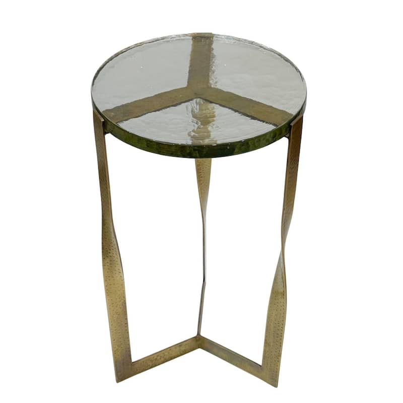 Castella Round Side Table - Recycled Glass Top and Powder Coated Iron Frame Antique Brass Finish Accent Table