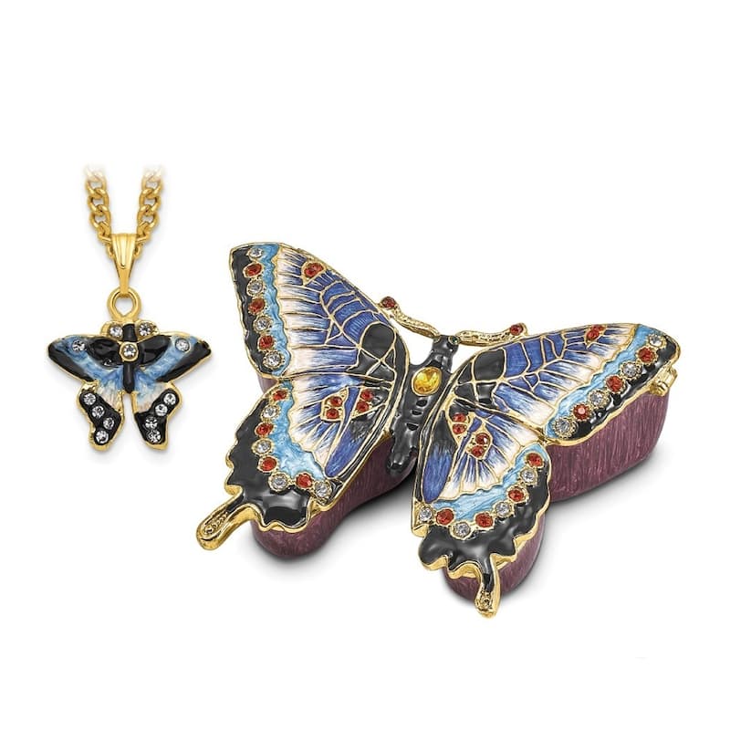 Curata Pewter Bejeweled Crystals Gold-Tone Enameled Jeannie Blue Butterfly Trinket Box on 18 Inch Necklace