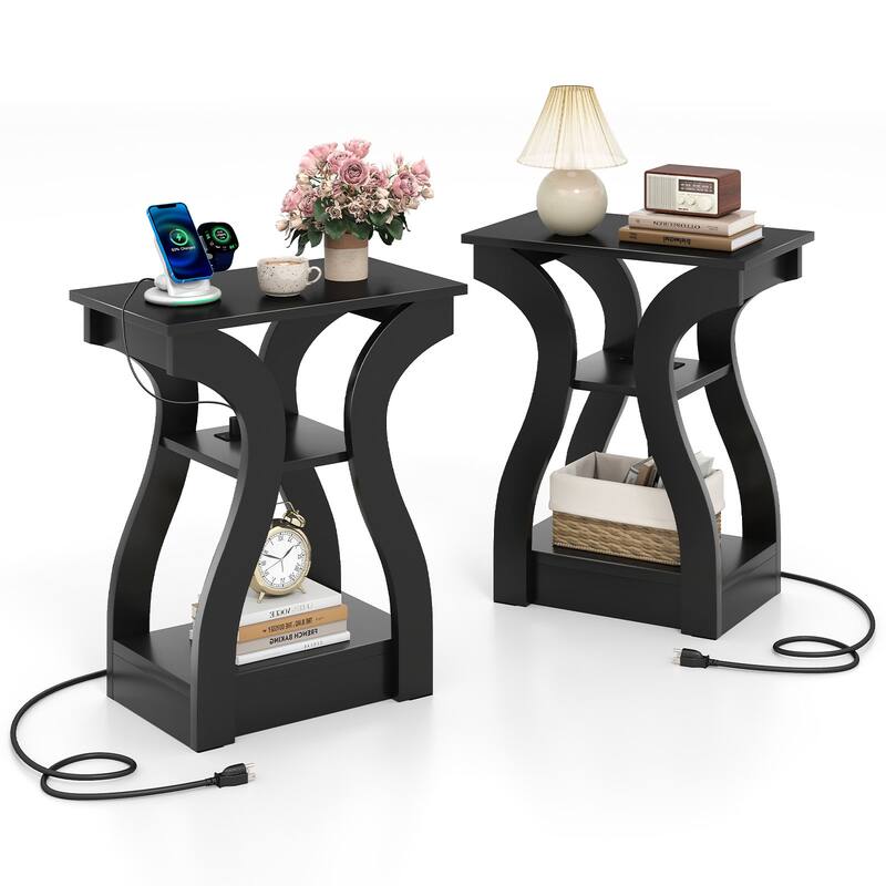Gymax End Tables w/Charging Station Set of 2 3-Tier Side Tables w/USB - Black