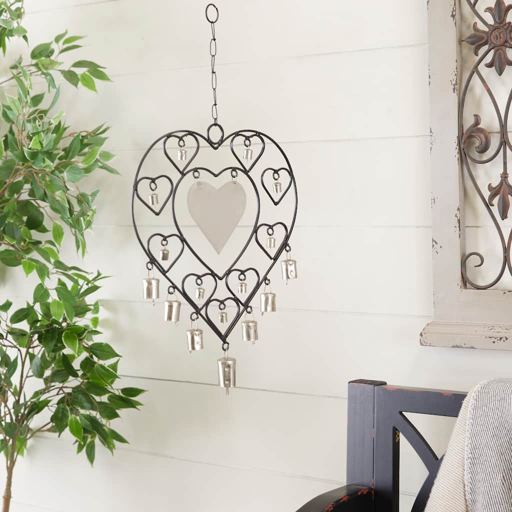 Silver Metal Heart Windchime with Bells and Chain Ring Hanger
