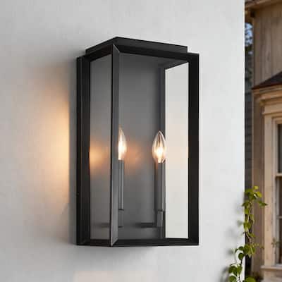 2-Light Matte Black Dusk to Dawn Outdoor Wall Sconce with Clear Glass