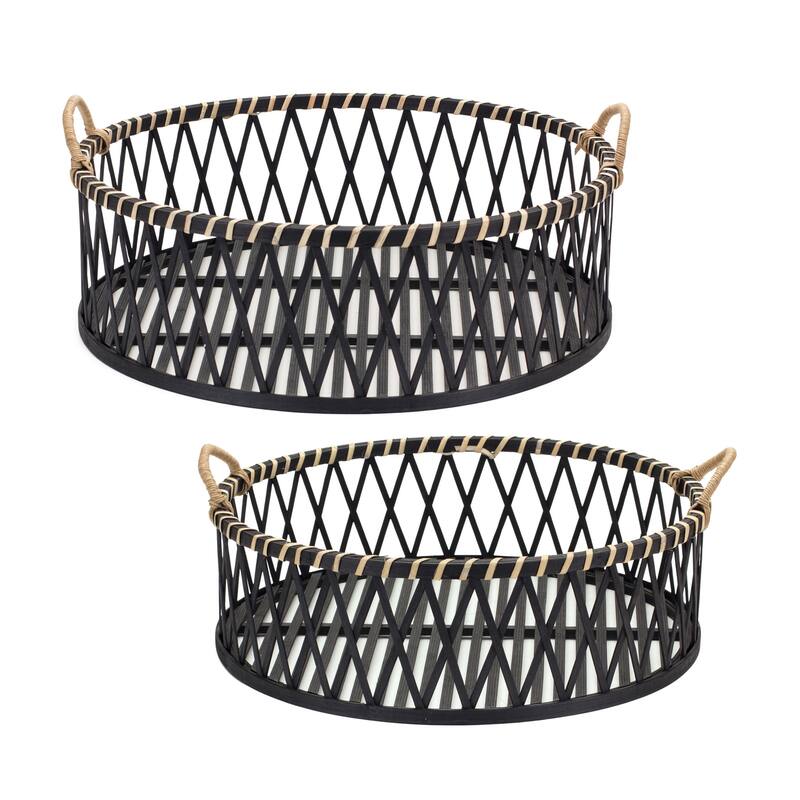 HomeRoots Set of Two Black and Tan Round Bamboo Serving Tray With Handles