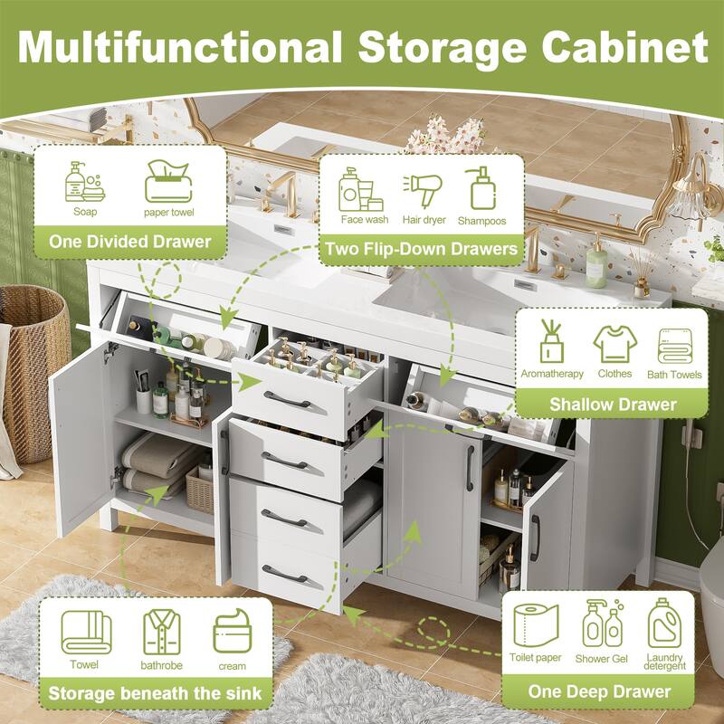59.3" Modern Double Bathroom Vanity, Solid Wood Frame with SMC Sinks, Soft-Close Doors & Drawers