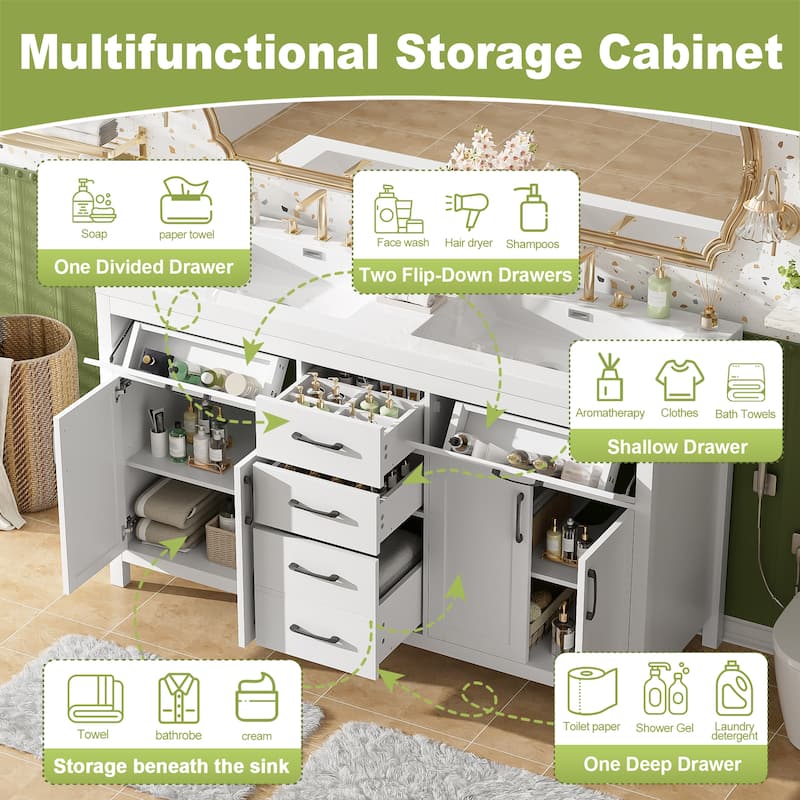 59.3"Bathroom Vanity with Solid Wood Frame, Double SMC Sink, Damping Hinges & Hidden Slides, 4 Doors, 3 Drawers, 2 Flip Drawers