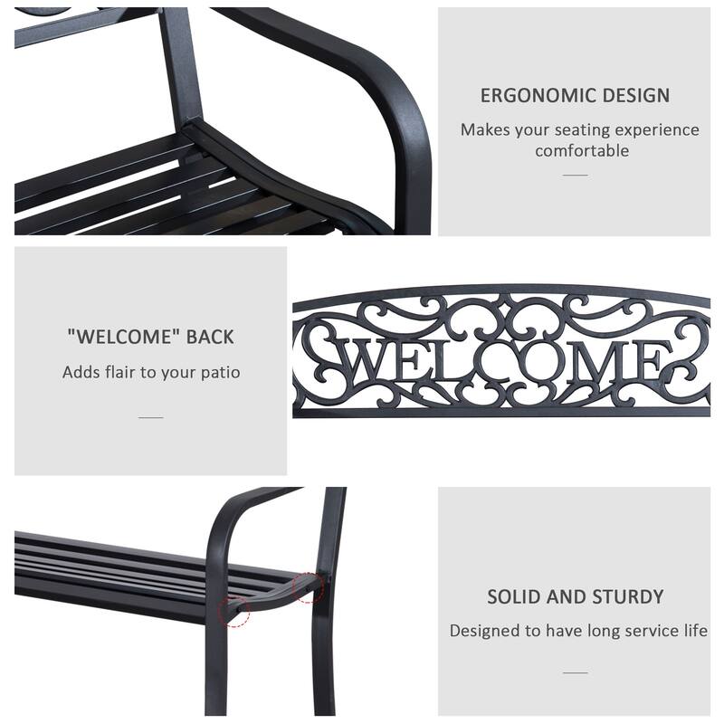 Outdoor Metal Welcome Bench, Garden Bench With Slatted Seat, Patio Bench For Park, Porch, Yard, Entryway