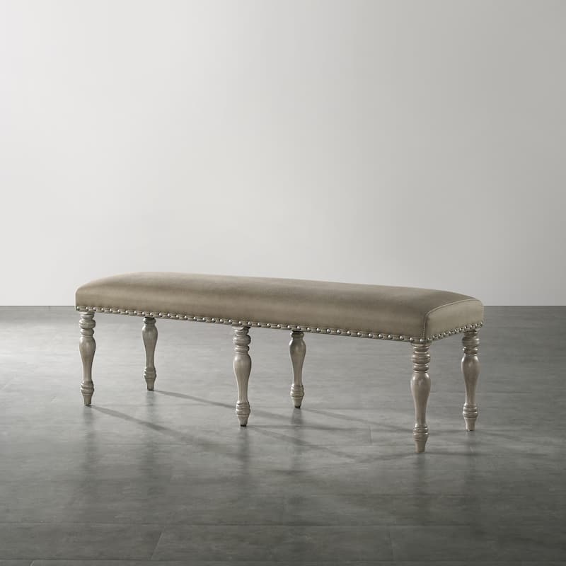 Roundhill Furniture Birmingham Microfiber Upholstered Bench with Nail Head Trim in Driftwood Finish