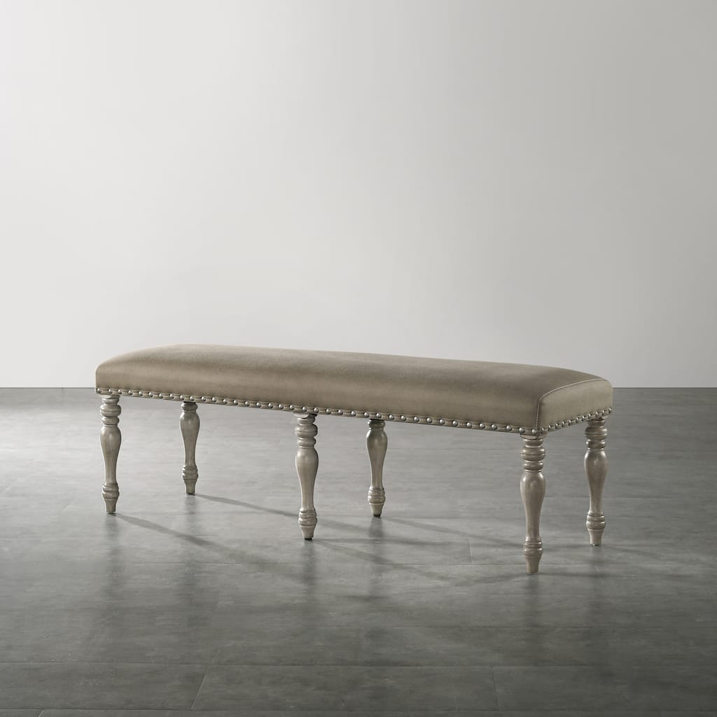 Roundhill Furniture Birmingham Microfiber Upholstered Bench with Nail Head Trim in Driftwood Finish