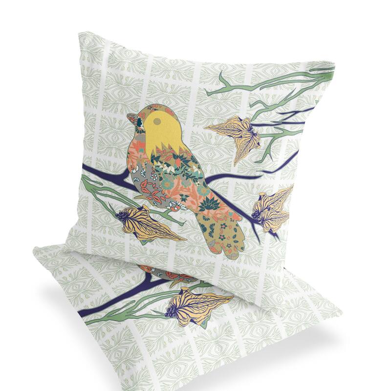 HomeRoots Set of Two 16" X 16" Green and White Bird Blown Seam Floral Indoor Outdoor Throw Pillow - 16.00' X '16.00' X '5.00