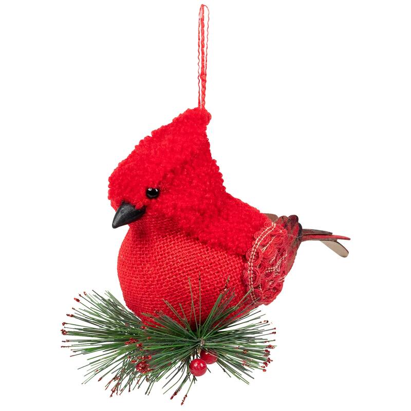 6.5" Red Burlap Cardinal with Pine Needles Berries Christmas Ornament