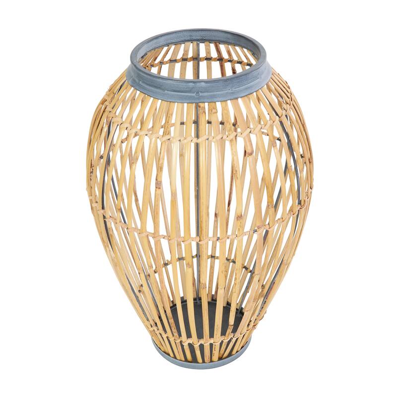 Brown Bamboo Wood Handmade Open Frame Decorative Vase with Blue Metal Accents