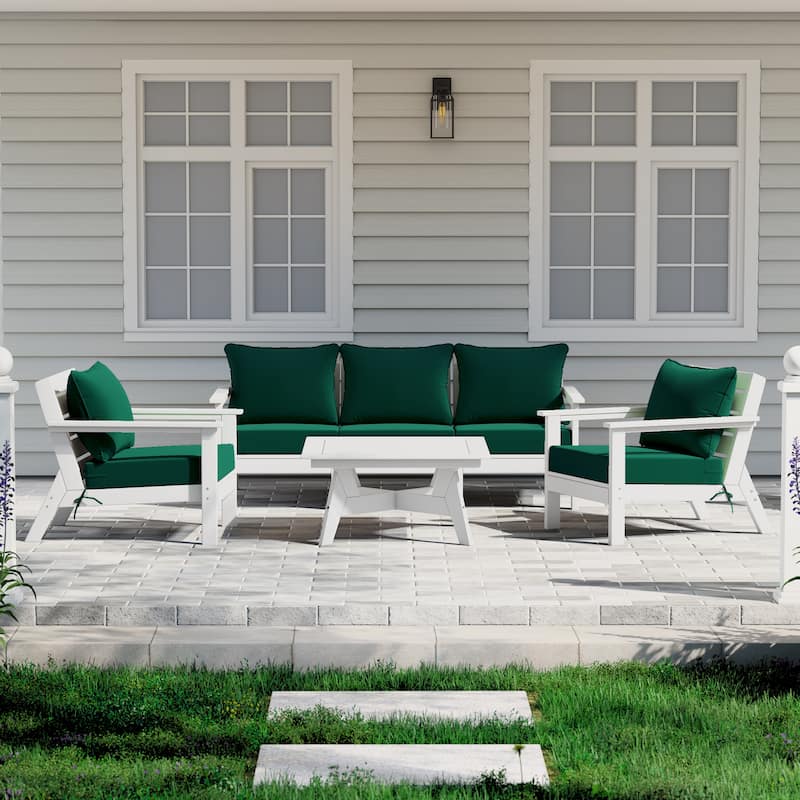Birchwood All Weather HDPE Outdoor Patio White Deep Seating Conversation Set (6-Piece Set) - White/Green