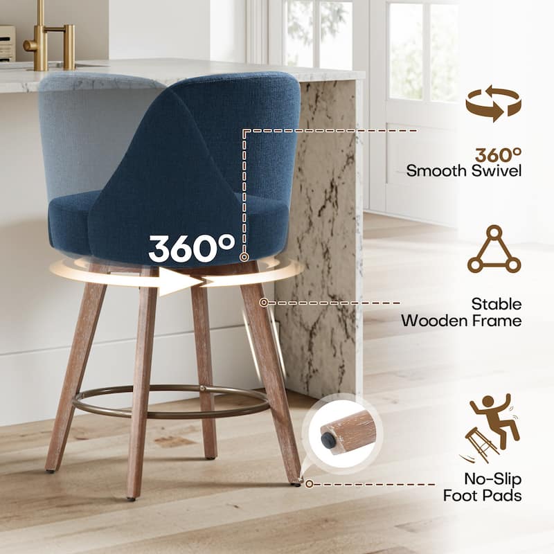 26" Upholstered Counter Height Swivel Bar Stool, Counter Stools with Solid Wood Legs - 39.37"H x 22.44"D x 21.65"W
