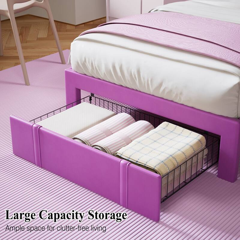 VECELO Bed Frame with Storage Drawers Leather Upholstered with Diamond Tufted Headboard Solid Wood Slat Support