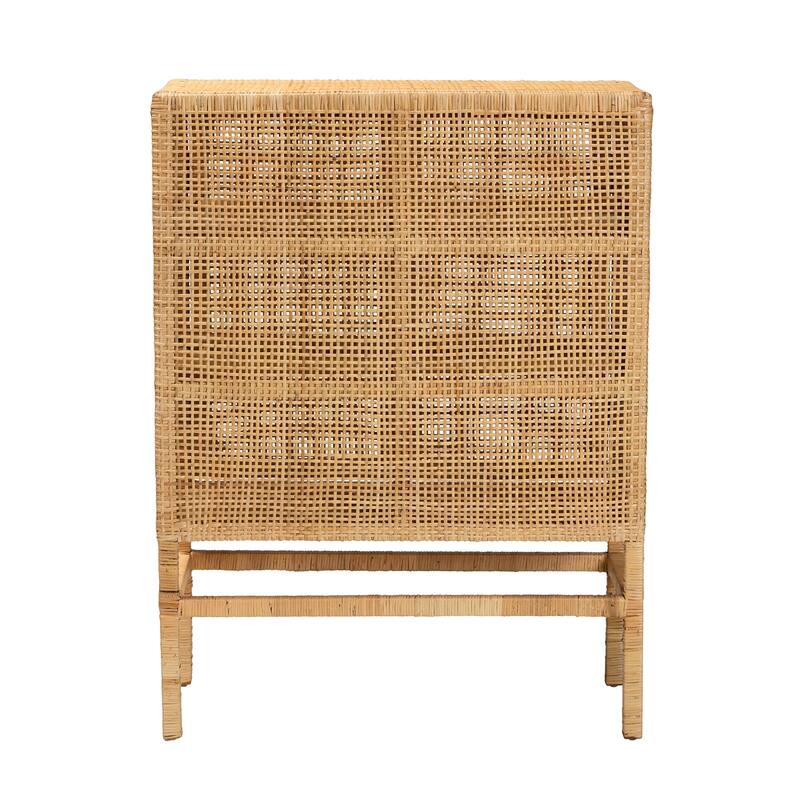 Vivan Modern Bohemian Natural Brown Rattan and Mahogany Wood 3-Shelf Storage Cabinet