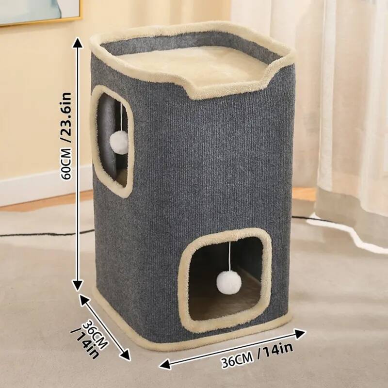 Grey 2-Layer Rectangular Cat House with 2 Pom Pom Hanging Toy Ideal for Indoor Use - 14”L x 14”W x 23.6”H