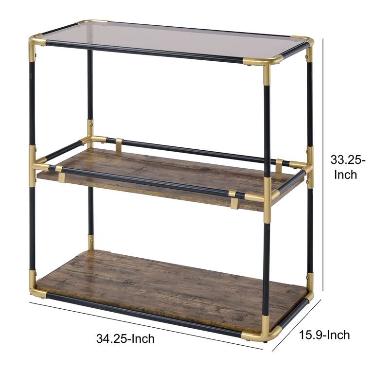 Rechange Glass Top Console Table Metal Tubular Framing and Wooden Shelves, Black and Brown