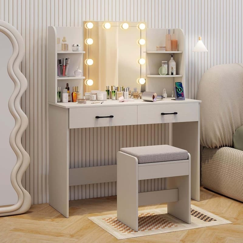 Makeup Vanity Desk Dressing Table & Stool Set w/ Lighted Mirror