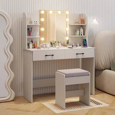 Makeup Vanity Desk Dressing Table & Stool Set w/ Lighted Mirror